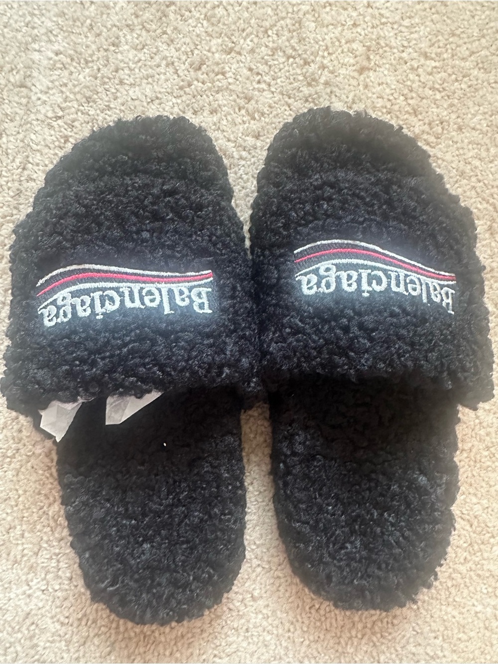 Balenciaga Black Fuzzy Logo Slide Slippers with Red & White Accent